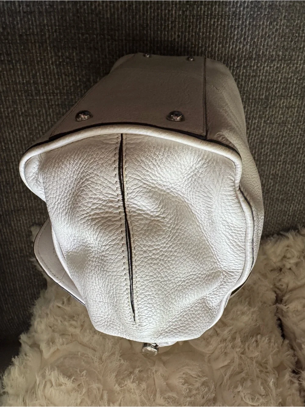 Ivory Pebbled Leather Satchel Shoulder Bag with Pink Trim